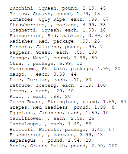 Zucchini, Squash, pound, 2.19, 45 Yellow, Squash, pound, 1.79, 15 Tomatoes, Ugly Ripe, each, .99, 67 Strawberries, , package,