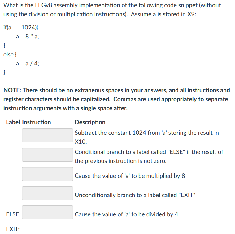 What is the LEGv8 assembly implementation of the following code snippet (without using the division or multiplication instruc