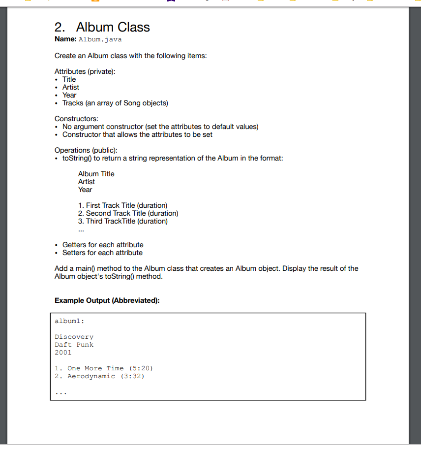 Solved 2 Album Class Name Album Java Create An Album Class Chegg Com