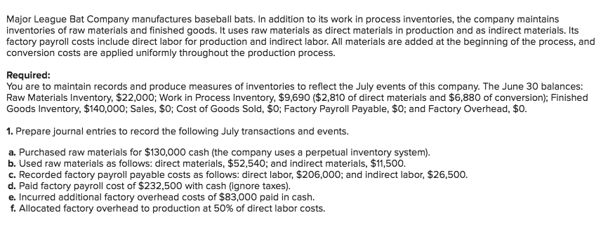 Solved Major League Bat Company Manufactures Baseball Major League Bat Company Manufactures Baseball Bats In Addition To Its Work Process Inventories