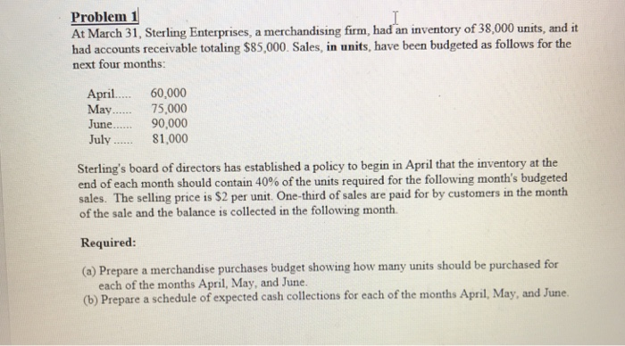 Problem at march 31, sterling enterprises, a merchandising firm, had an inventory of 38,000 units, and it had accounts receivable totaling $85,000. sales, in units, have been budgeted as follows for the next four months: 1 april60,000 may june.... 90,000 july81,000 sterlings board of directors has established a policy to begin in april that the inventory at the end of each month should contain 40% of the units required for the following months budgeted sales. the selling price is s2 per unit. one-third of sales are paid for by customers in the month of the sale and the balance is collected in the following month required: chases budget showing how many units should be purchased for each of the months april, may, and june. (b) prepare a schedule of expected cash collections for each of the months april, may, and june