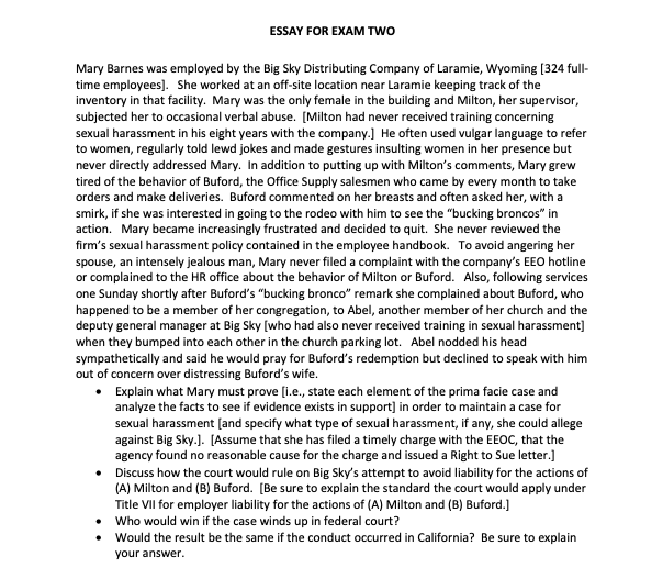 Solved Essay For Exam Two Mary Barnes Was Employed By The Essay For Exam Two Mary Barnes Was Employed By The Big Sky Distributing Company Of Laramie