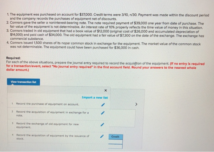 Solved 1. The equipment was purchased on account for | Chegg.com