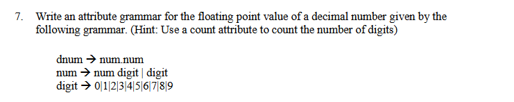 Write an attribute grammar for the floating point value of a decimal number given by the following grammar. (Hint: Use a coun