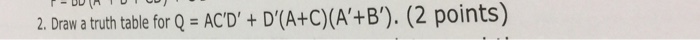 2. Draw a truth table for Q ACD+ D(A+C)(A+B). (2 points)