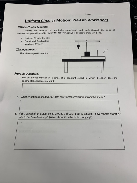 Solved: Name: Uniform Circular Motion: Pre-Lab Worksheet 7 ...