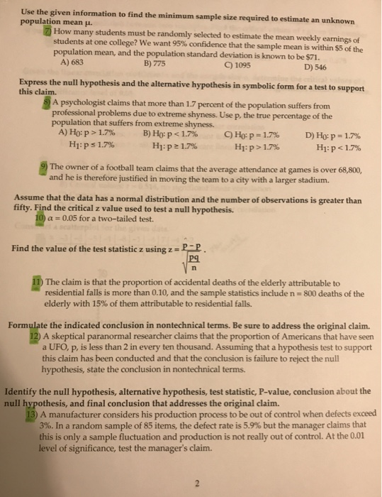 Solved Use The Given Information To Find The Minimum Sample Chegg Com