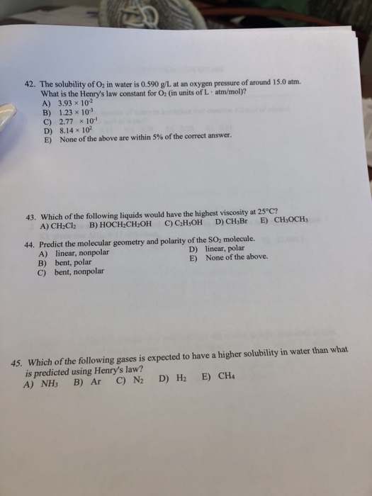 Solved 42 The Solubility Of O2 In Water Is 0 590 G L At A Chegg Com