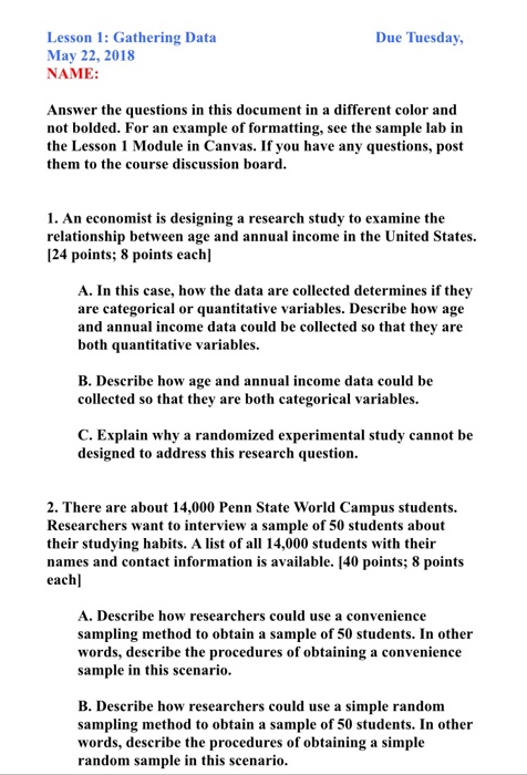 Solved Due Tuesday Lesson 1 Gathering Data May 22 2018 Chegg Com