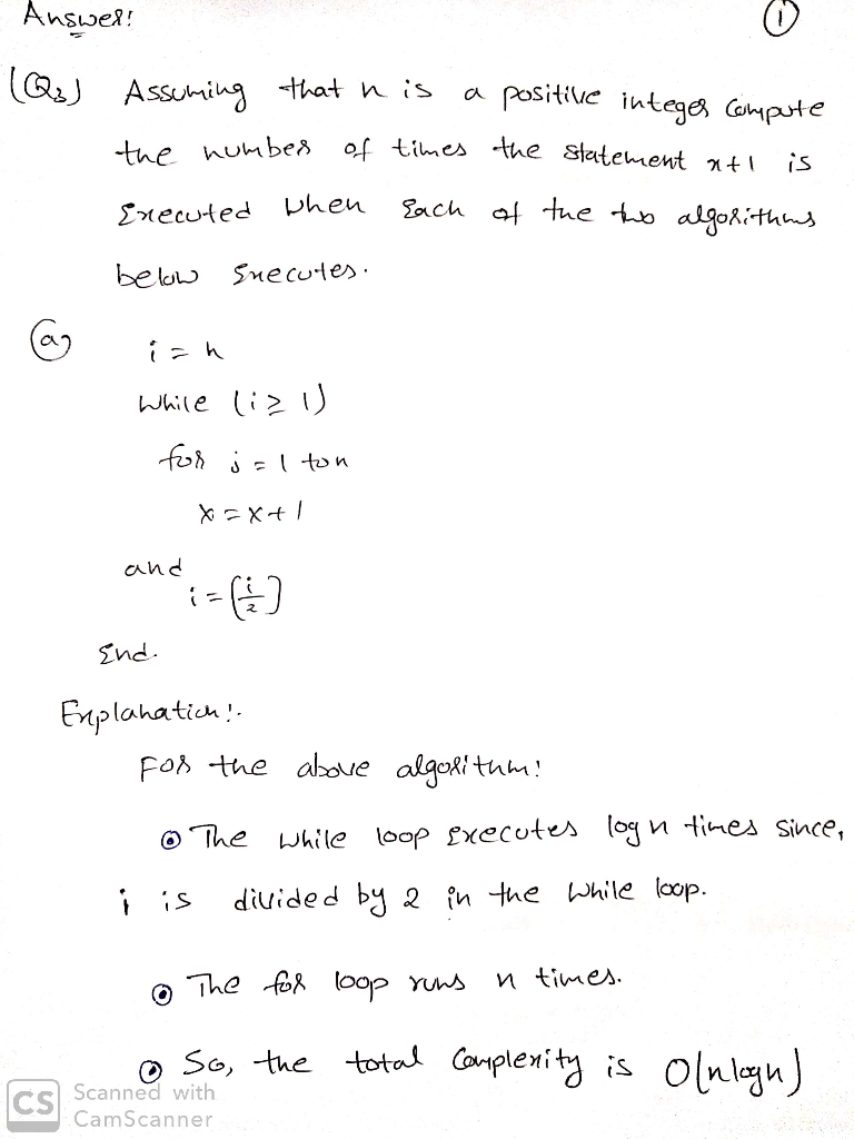 Solved Q3 Assuming N Positive Integer Compute Number Times Statement Z 1 Executed Two Algorithms Q