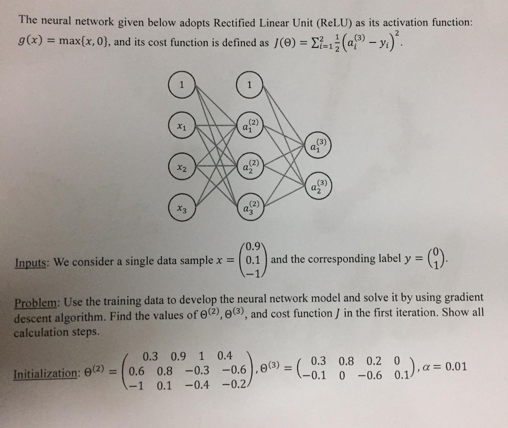 The neural network given below adopts Rectified Linear Unit (ReLU) as its activation function: g (x) max(x, 0), and its cost