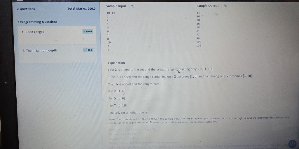Sample Output Sample Input Total Marks: 200.0 2 Questions 10 10 20 10 2 Programming Questions 46 58 61 100.0 100.0 1. Good
