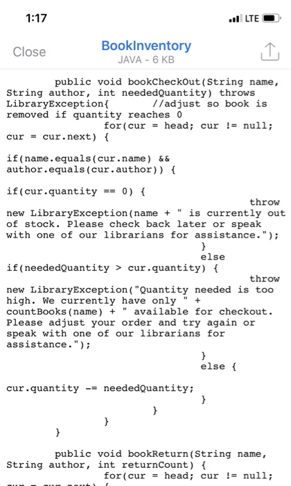 1:17 BookInventory JAVA 6 KB Close public void bookCheckout (String name, String author, int 

<div class=