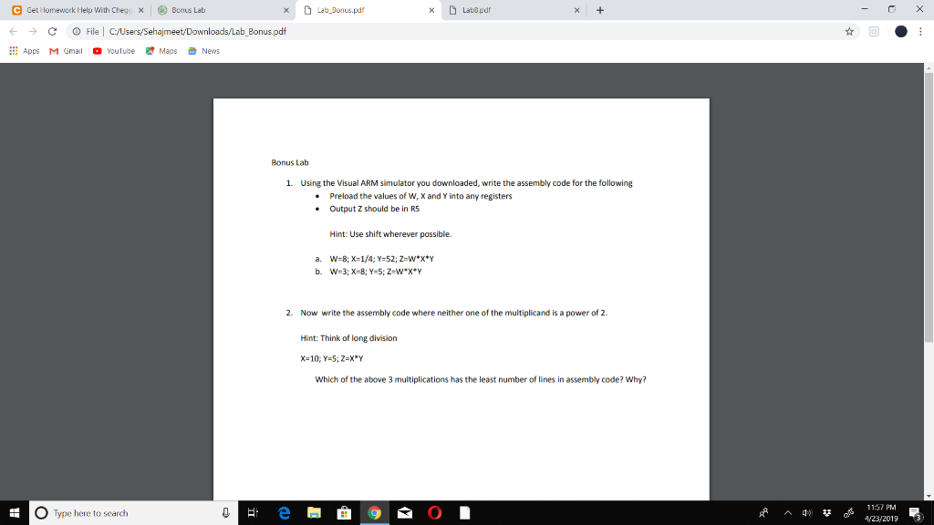 G Get Homework Help With Chegu xLab8pdr Borus Lab × ← → File l C/Users/Sehajmeet/Downloads/Lab-Bonus.pdf Apps M Gmail YouTubM