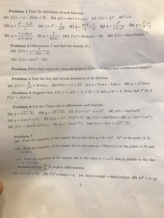 Solved Problem 1 Find The Derivative Of Each Function C Chegg Com