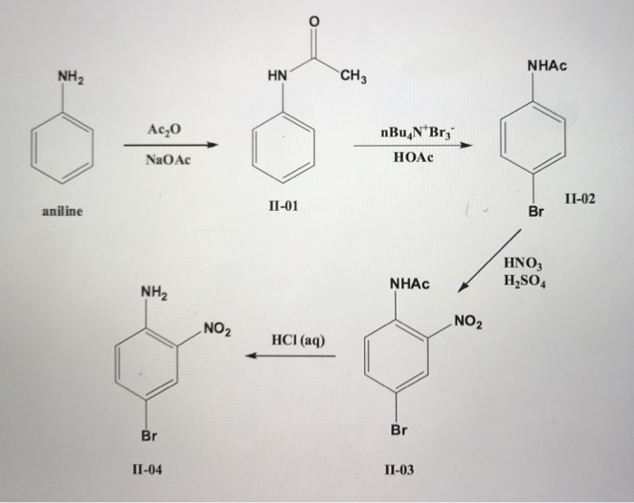 NHAc HN CH3 NH2 Ac,o HOAc NaOAc 11-02 II-02 I1-01 Br aniline HNO3 H2SO4 NHA...