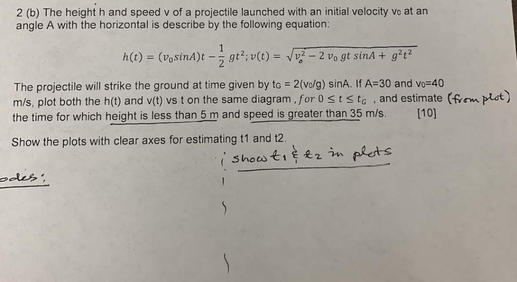 Solved 2 B Height H Speed V Projectile Launched Initial Velocity Vo Angle Horizontal Describe Fol Q