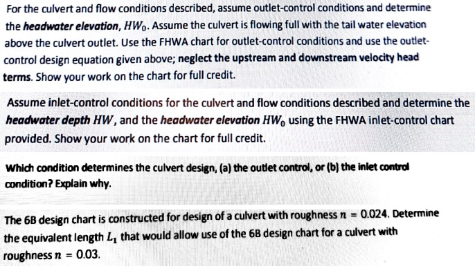 For the culvert and flow conditions described, assume outlet-control conditions and determine the headwater elevation, HWo. A
