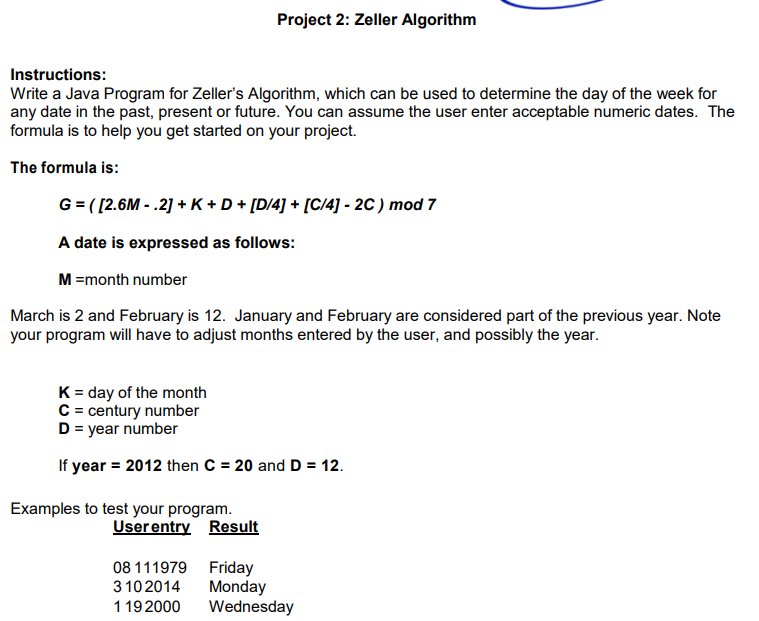 Solved Project 2 Zeller Algorithm Instructions Write A Chegg Com