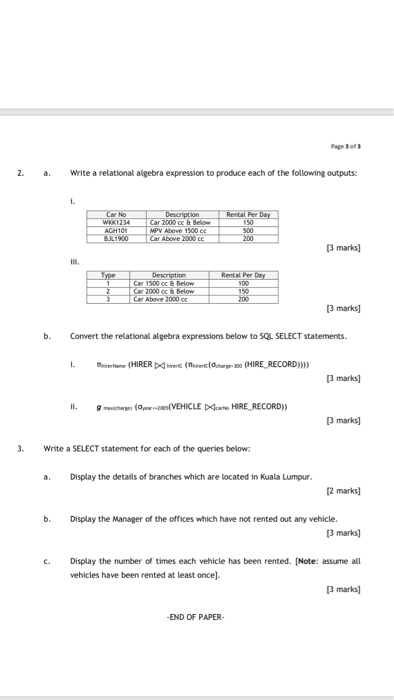 Page 3 of 3 2. aWrite a relational algebra expression to produce each of the following outputs: 3 marks] iis, r 2000 c Car Ab