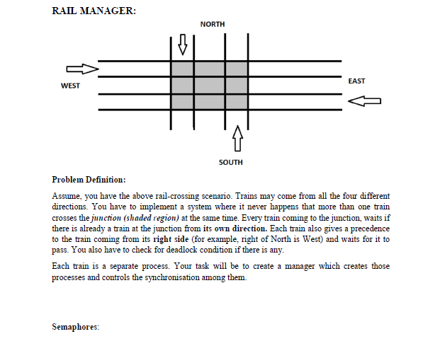 RAIL MANAGER: NORTH EAST WEST %831 UITI Problem Definition: Assume, you have the above rail-crossing scenario. Trains may come from all the four different directions. You have to implement a system where it never happens that more than one train crosses the juncton (shaded region) at the same time. Every train coming to the junction, waits if there is already a train at the junction from its own direction. Each train also gives a precedence to the train coming from its right side (for example, right of North is West) and waits for it to pass. You also have to check for deadlock condition if there is any. Each train is a separate process. Your task will be to create a manager which creates those processes and controls the synchronisation among them. Semaphores: