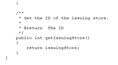 *Get the ID of the issuing store. *Creturn The ID public int getIssuingStore () return issuingStore;