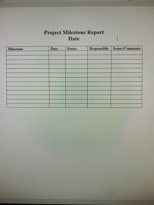 Project Milestone Report Date Date Status Responsible Issues/Comments Milestone