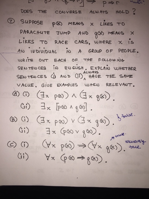 DOES THE CONVERSAAYS HOLD? PARACHUTE JUMP AND gGOMEAUS LIKES TO RACE CARS, WHERE χ IS URITE OuT EACH OF THE FOLLow N VALUE. GiUE EXAMPLES E RELE VANT. Spuise