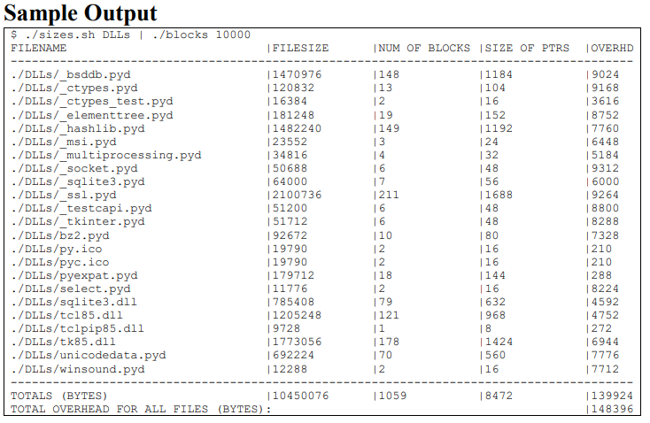 Sample Output $ ./sizes.sh DLLs I ./blocks 10000 FILENAME FILESIZE INUM OF BLOCKS | SIZE OF PTRS lOVERHD ./DLLs/_bsddb.pyd /D