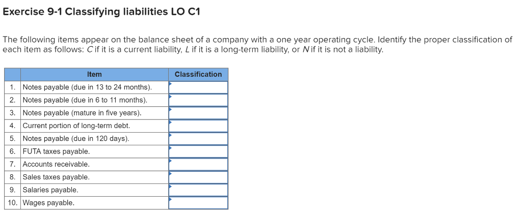 Solved Exercise 9 1 Classifying Liabilities Lo C1 The Fol Chegg Com