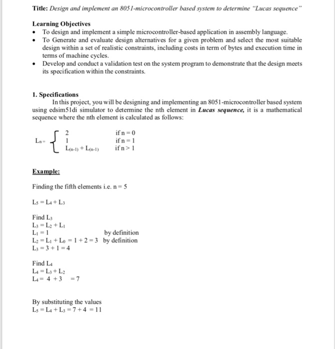 Title: Design and implement an 8051-microcontroller based system to determine Lucas sequence Learning Objectives To design a