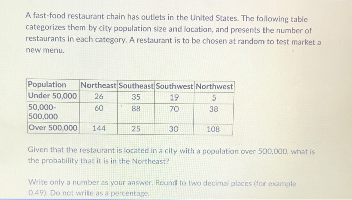 A fast-food restaurant chain has outlets in the United States. The following table categorizes them by city population size a