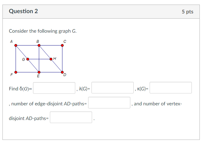 Question 2 5 pts Consider the following graph G. Find 0(G)- , number of edge-disjoint AD-paths disjoint AD-paths M(G)- and nu
