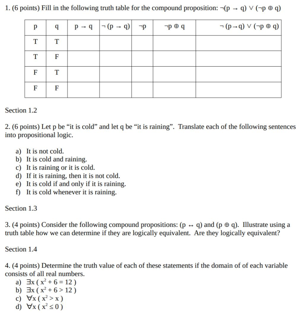 Solved 1 6 Points Fill In The Following Truth Table Fo Chegg Com