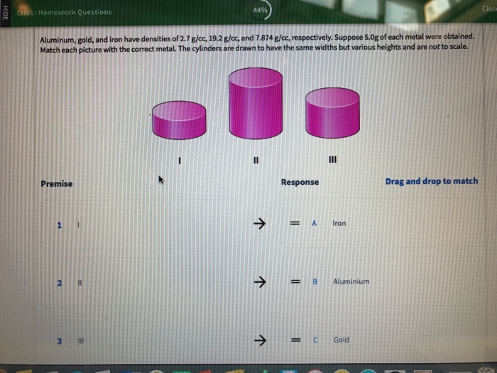 Solved Aluminum Gold And Iron Have Densities Of 2 7 G Cc Chegg Com