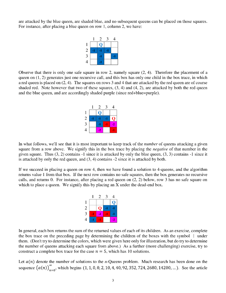 are attacked by the blue queen, are shaded blue, and no subsequent queens can be placed on those squares For instance, after