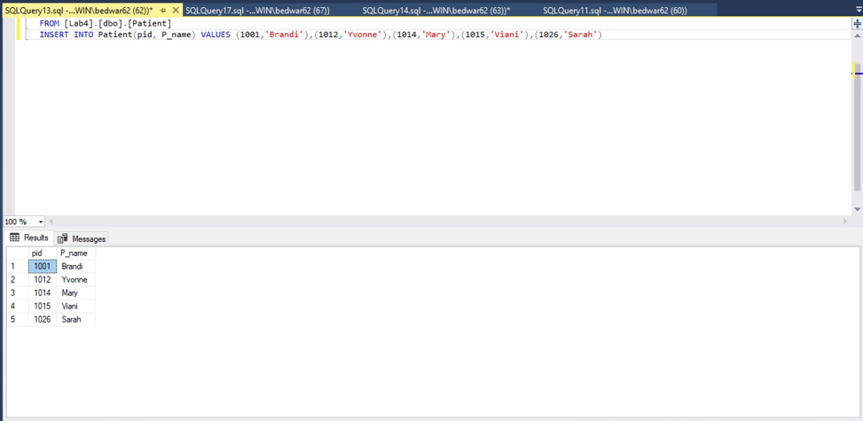Grote או SQLQuery! 3.sgl-...WINbedwar62 (62)) > SQLQuery17.sql ...WIN bedwar62 (67)) SQLQuery14.sql -.WIN bedwar62 (63))* SQ