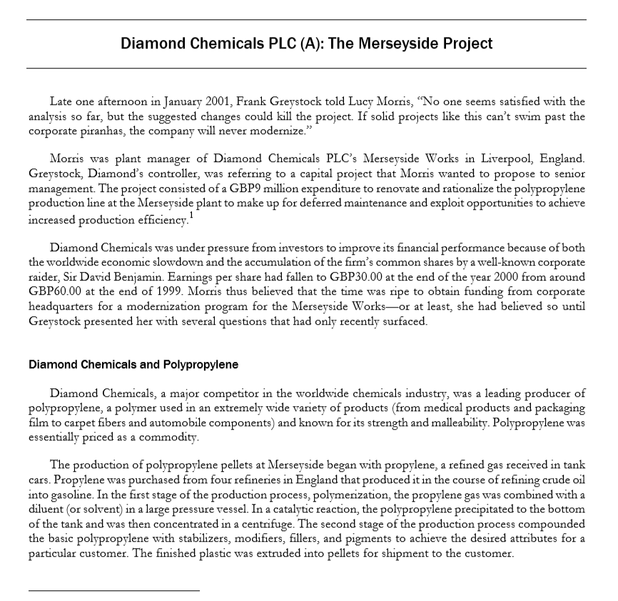 diamond chemicals plc a the merseyside project solution