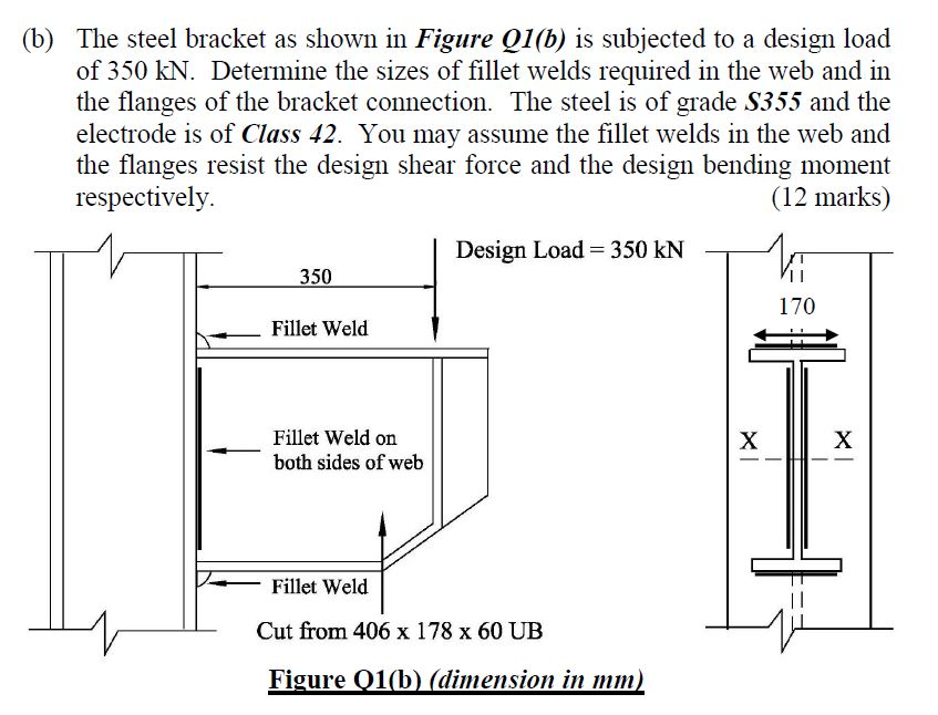 (b) The steel bracket as shown in Figure Q1(b) is subjected to a design load of 350 kN. Determine the sizes of fillet welds r