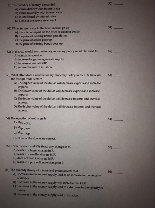 Solved 50 50 The Quantity Of Money Demanded A Varies D Chegg Com