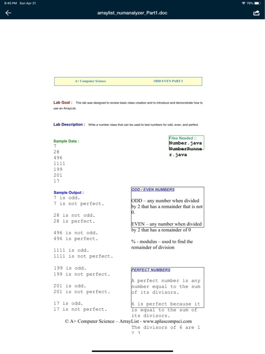 9:40 PM Sun Apr 21 arraylist numanalyzer Part1.doc + Computer Scieece Lab Goal: This lab was designed to neview basic class c