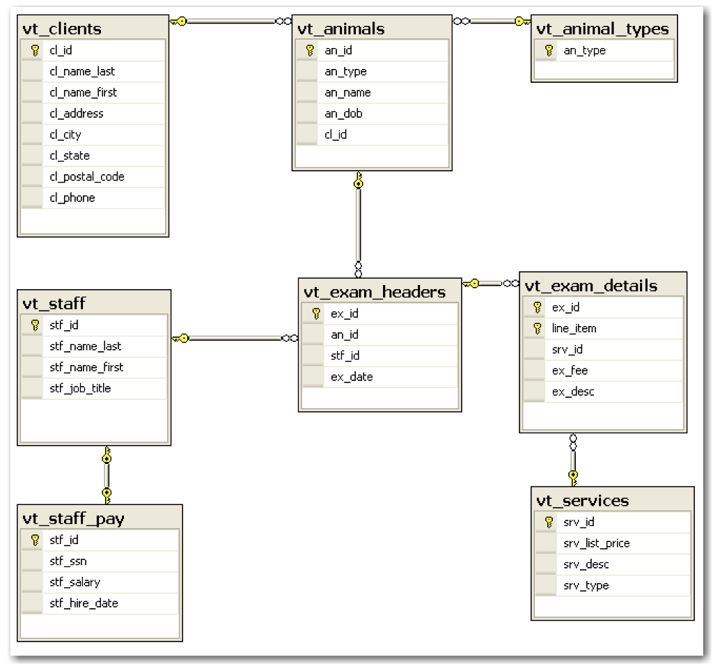 vt clients vt_ animals vt_animal_types cl id an id an type an name an_dob l id an type cl name last cl name first cl address cl_city cl_state cl_postal_code cl phone vt exam details yt exam headers vtstaff stf id ex_id line_item sry id ex fee ex_id stf_name last stfname first stf _job_title an id stF_id ex date ex desc yt services vt staff_ pay sry id srv list_price srv desc srv type stf_id stf_ssn stf salary stf_hire date