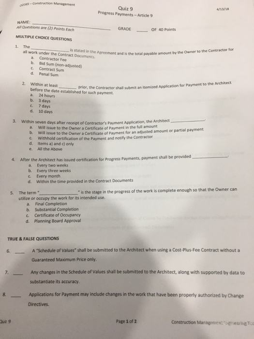 Solved Construction Management Quiz 9 Progress Payments...