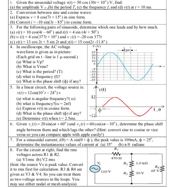 Solved 1 Given The Sinusoidal Voltage V 50 Cos 30 10 Chegg Com