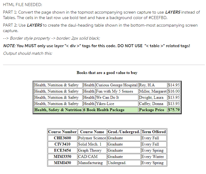 HTML FILE NEEDED: PART 1: Convert the page shown in the topmost accompanying screen capture to use LAYERS instead of Tables.