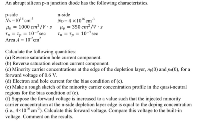 Solved An Abrupt Silicon P N Junction Diode Has The Follo Chegg Com