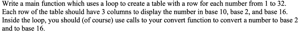 Write a main function which uses a loop to create a table with a row for each number from 1 to 32. Each row of the table shou