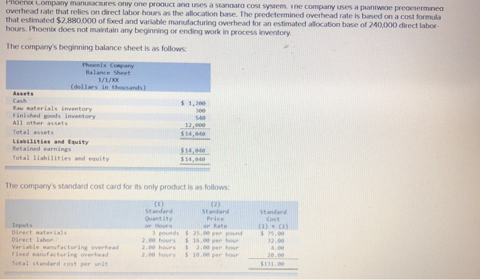 Solved Ompany Manutacures Ony One Proouct Ana Uses A Stan Ompany Manutacures Ony One Proouct Ana Uses A Stanaara Cost System Ine Company