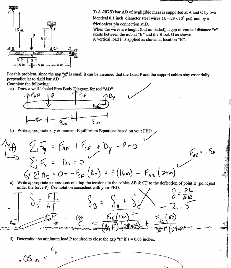 Solved 3 A Rigid Bar Ad Of Negligible Mass Is Supported Chegg Com