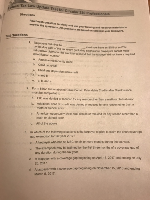Solved Tax Law U pdate Test for Circular 230 Professionals | Chegg.com